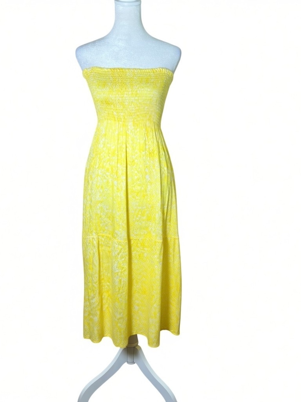 HANSINE London Gaia Midi Dress Strapless Smocked Tiered Yellow Serpentine One Sz